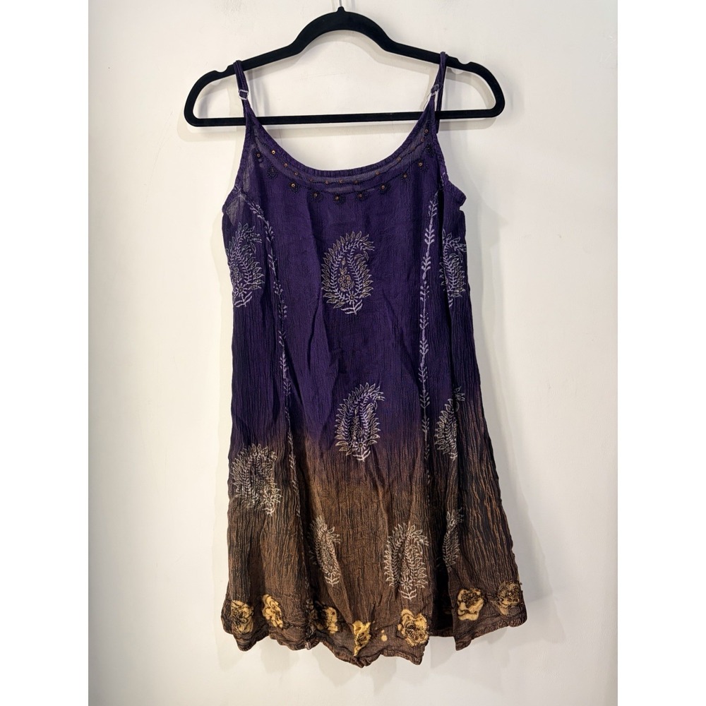 India Boutique Purple Boho Crinkle Dress Free Size Rayon Adjustable Straps Y2K